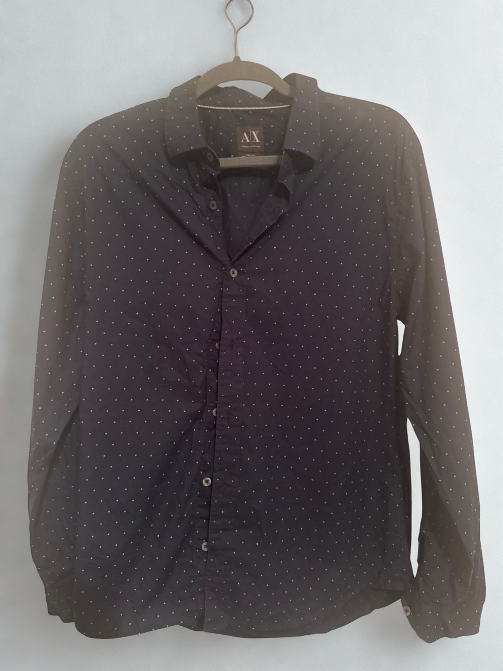 Armani Exchange Navy Blue Fitted Long-Sleeve Micro Dot Button-Down Shirt